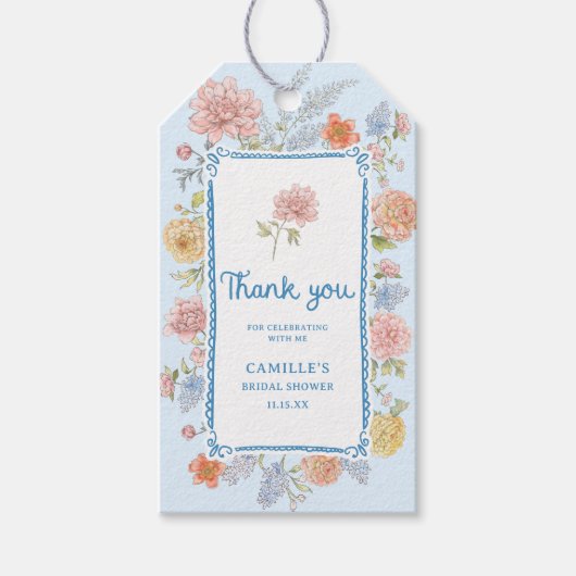 青色のエレガントフローラ手描きブライダルシャワー ギフトタグ (正面)