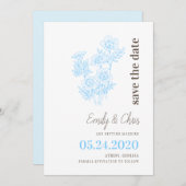 青色のエレガントフローラ日付カードの保存 セーブザデート (正面/裏面)