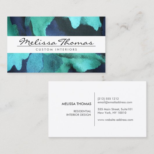 青色のエレガントフローラ・ファブリック・ビジネス・カードを使用した名前 名刺 (正面/裏面)