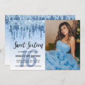 青色のグリッターがsweet sixteen 招待状 (正面/裏面)