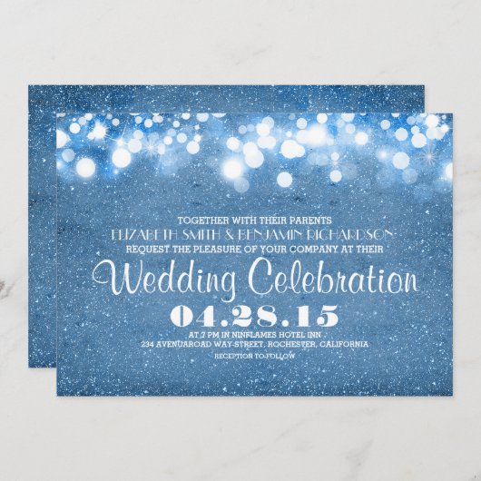 青色のグリッターフェイクストリングライト結婚式招待状 招待状 (正面/裏面)