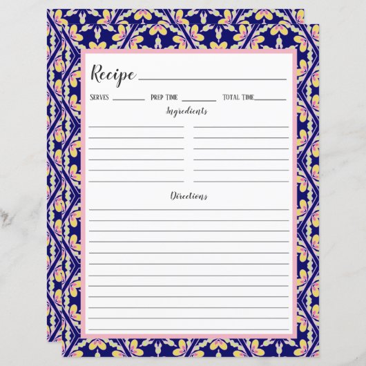 青色のスペインのタイル地中海のレシピバインダーページ (正面/裏面)