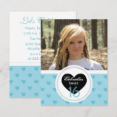 青色のハート:写真：スイート16パーティの招待状 招待状 (正面/裏面)