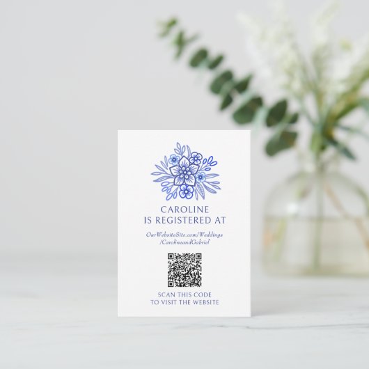 青色のフランスのフローラレジストリブライダルシャワー エンクロージャーカード (スタンド正面)