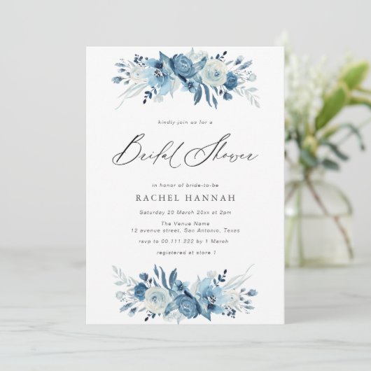 青色のフローラスエレガントクリプトブライダルシャワー 招待状 (スタンド正面)