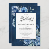 青色のフローラモダンお洒落結婚の 招待状 (正面/裏面)