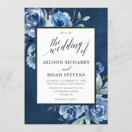 青色のフローラモダンお洒落結婚の 招待状