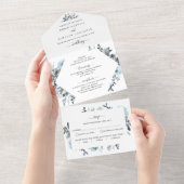 青色のフローラ結婚と穴あきRSVP オールインワン招待状 (貼ってはがせる)