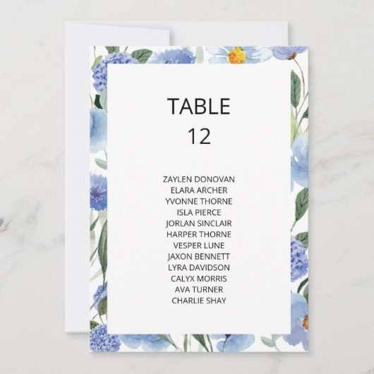 青色のフローラ結婚の座席表カード (正面)