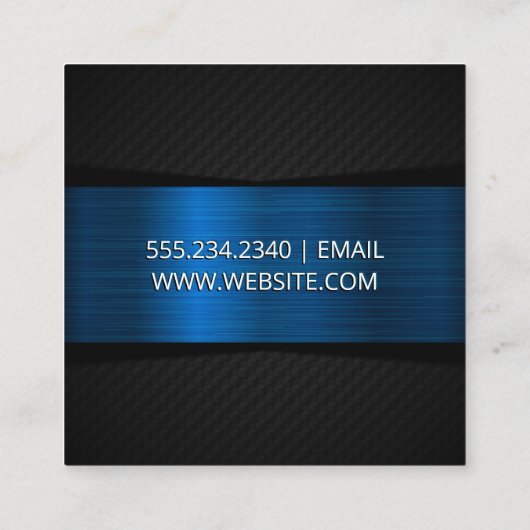 青色のメタリックブラックメッシュパターン スクエア名刺 (裏面)