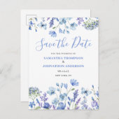 青色のモダンフローラ保存日付 案内ポストカード (正面/裏面)