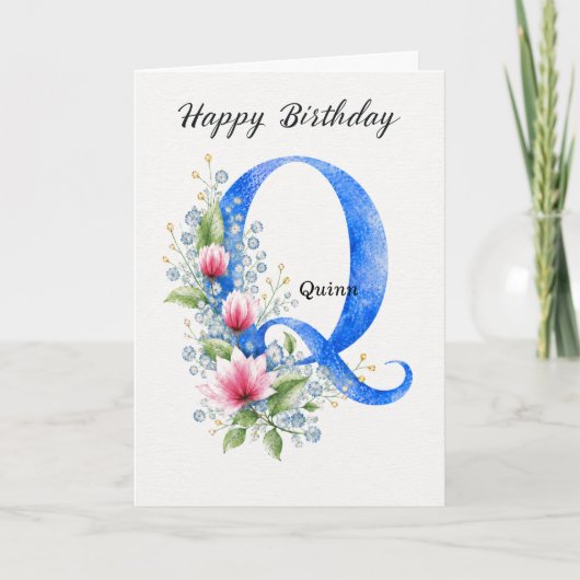 青色のモノグラムのQの誕生日ギフト 名前入り カード (正面)