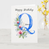 青色のモノグラムのQの誕生日ギフト 名前入り カード (黄色い花)