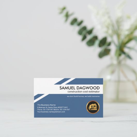 青色の幾何学層金ゴールド建物コスト推定 名刺 (スタンド正面)