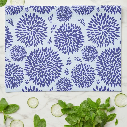 青色の手描き花模様 キッチンタオル (折り畳み)