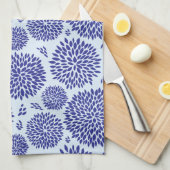 青色の手描き花模様 キッチンタオル (四つ折り)