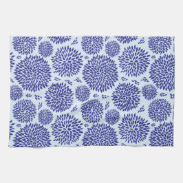 青色の手描き花模様 キッチンタオル