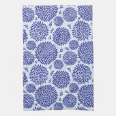 青色の手描き花模様 キッチンタオル (縦)