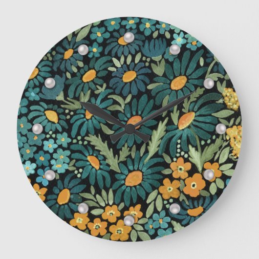 青色の水彩デイジー ラージ壁時計 (正面)