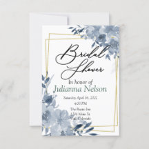 青色の水彩フローラと金ゴールドフレームの招待