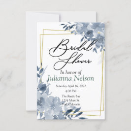 青色の水彩フローラと金ゴールドフレームの招待 招待状