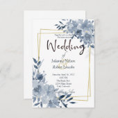 青色の水彩フローラと金ゴールド結婚フレームのinvi 招待状 (正面/裏面)