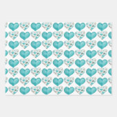 青色の水色のハートと葉 ラッピングペーパーシート (正面)