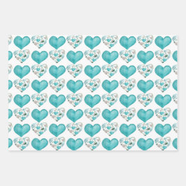 青色の水色のハートと葉 ラッピングペーパーシート
