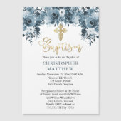 青色の水色フローラ | フェイク金ゴールド少年洗礼 マグネット招待状 (正面)