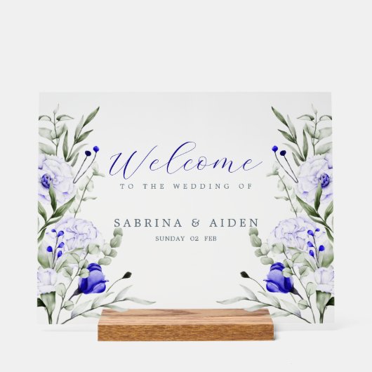 青色の王室のアイボリーフローラ結婚の歓迎 アクリルサイン (正面)