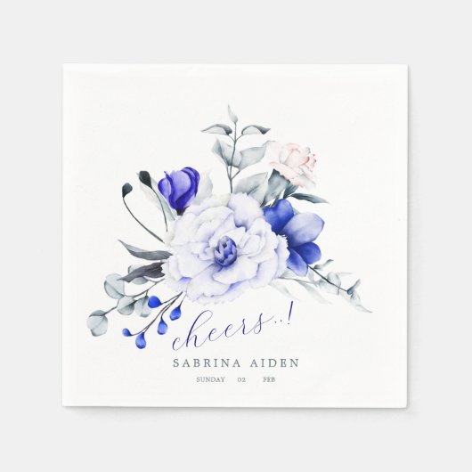 青色の王室のアイボリーフローラ結婚 スタンダードカクテルナプキン (正面)