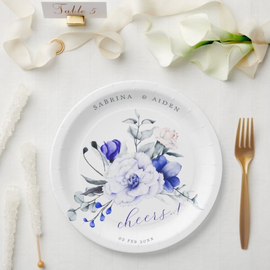 青色の王室のアイボリーフローラ結婚 ペーパープレート (ウェディング)