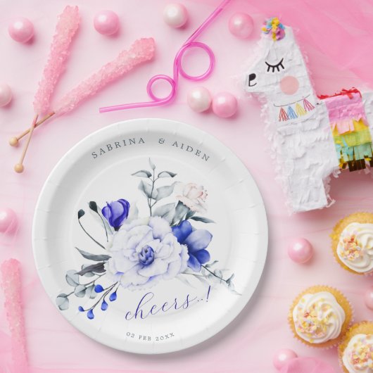 青色の王室のアイボリーフローラ結婚 ペーパープレート (パーティー)