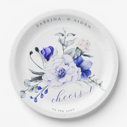 青色の王室のアイボリーフローラ結婚 ペーパープレート (正面)