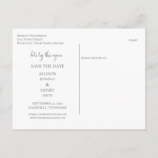 青色の結婚式日付の変更日付の保存 案内ポストカード (裏面)