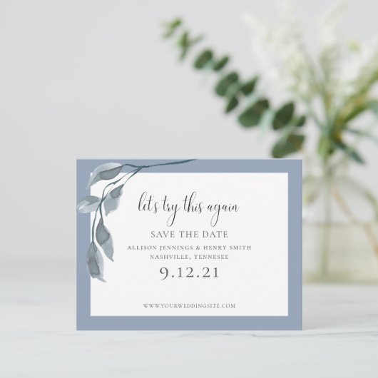 青色の結婚式日付の変更日付の保存 案内ポストカード (スタンド正面)