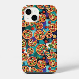 青色の背景の抽象的なペペロニピザ iPhone 14ケース