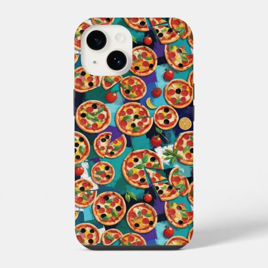 青色の背景の抽象的なペペロニピザ iPhoneケース (裏面)