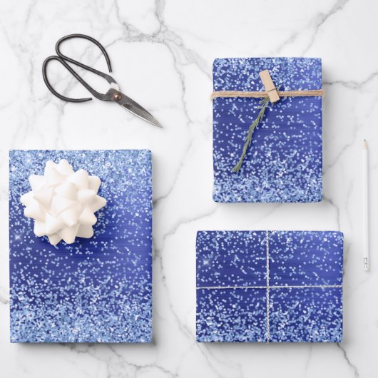 青色の金属グリッタースパークルパターン ラッピングペーパーシート (正面)