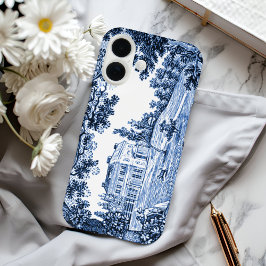 青色の風景画が描かれたヴィクトリア朝様式の家 iPhone 16ケース