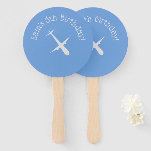 青色の飛行機パーソナライズされた ハンドファン (正面&裏面)