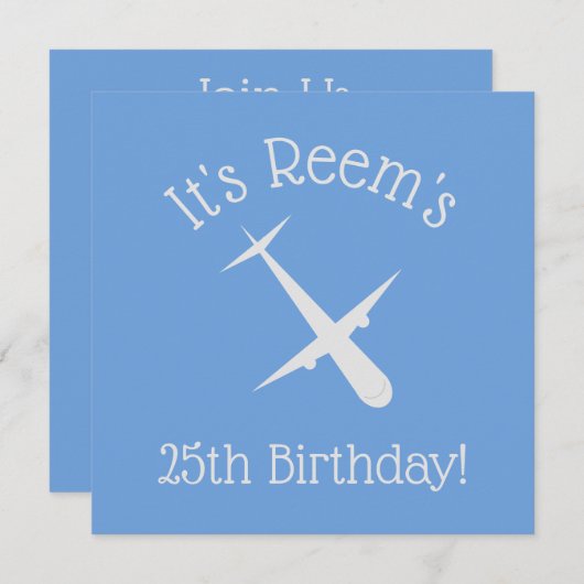 青色の飛行機パーソナライズされた 招待状 (正面/裏面)