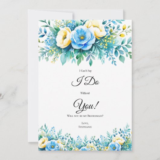 青色の黄色いフローラブライダルパーティ提案カード 招待状 (正面)