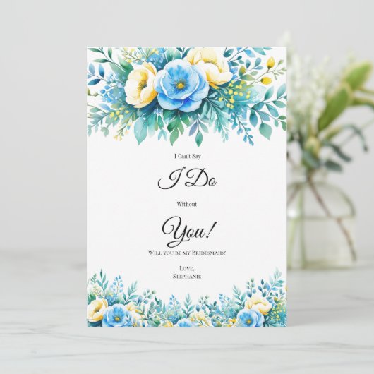 青色の黄色いフローラブライダルパーティ提案カード 招待状 (スタンド正面)