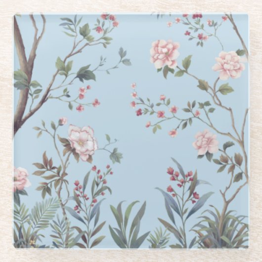 青色アンティーク花柄 ガラスコースター (正面)