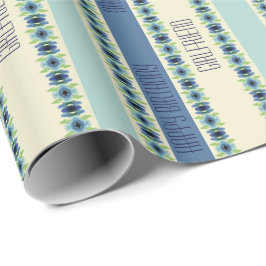 青色アートの花柄 ラッピングペーパー