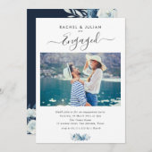 青色エレガントフローラ写真婚約パーティ 招待状 (正面/裏面)