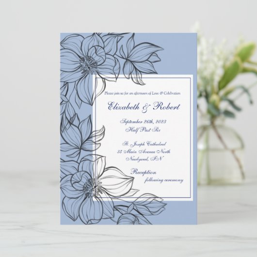 青色エレガント手描きフローラ結婚ズ 招待状 (スタンド正面)