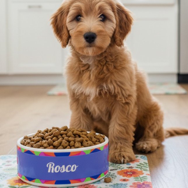 青色カラフルレトロ幾何セラミックペットボウル ボウル (Every dog deserves a personalized food bowl. Welcome your new pet with one of their own.)