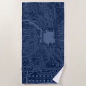 青色ギークマザーボード回路パターン ビーチタオル (正面)